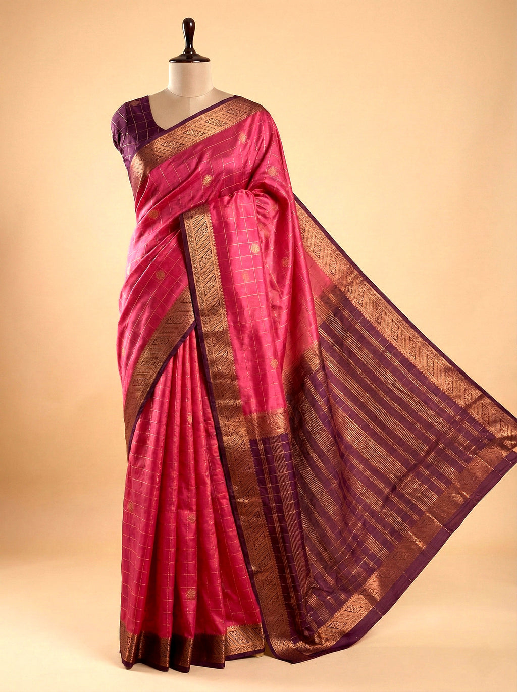 Pink Mysore Silk Saree Gold Buttas