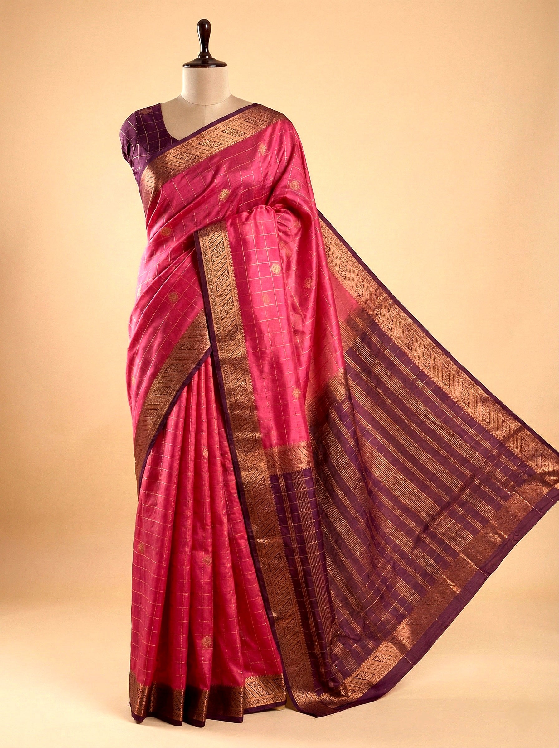 Pink Mysore Silk Saree Gold Buttas