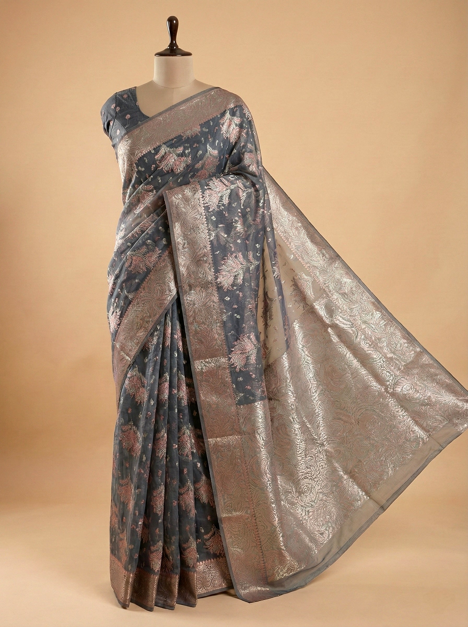Silk Cotton Saree Grey Floral Work