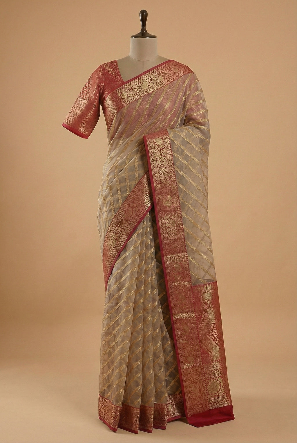 Organza Silk Saree Grey - Red Border