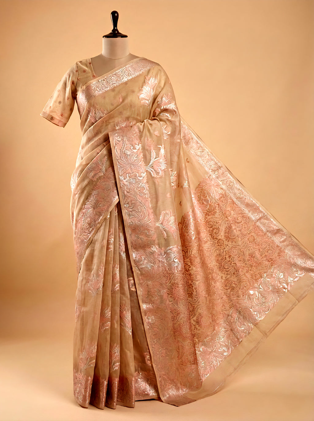 Beige Silk Cotton Saree Floral Motifs