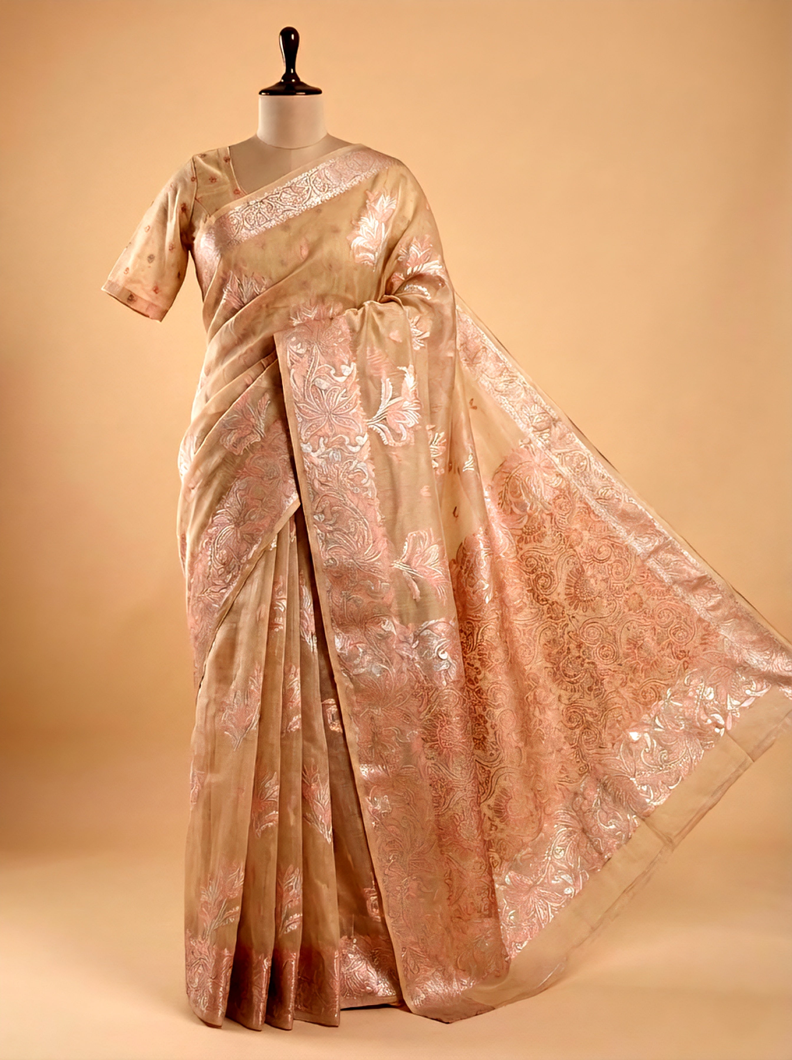 Beige Silk Cotton Saree Floral Motifs