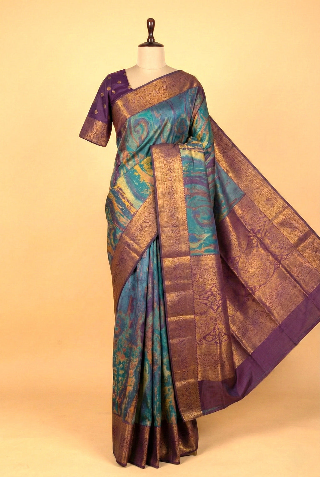 Teal Maroon Bridal Soft Silk Saree