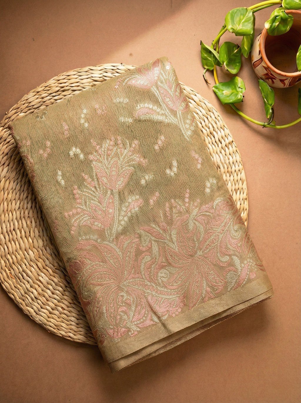 Beige Silk Cotton Saree Floral Motifs