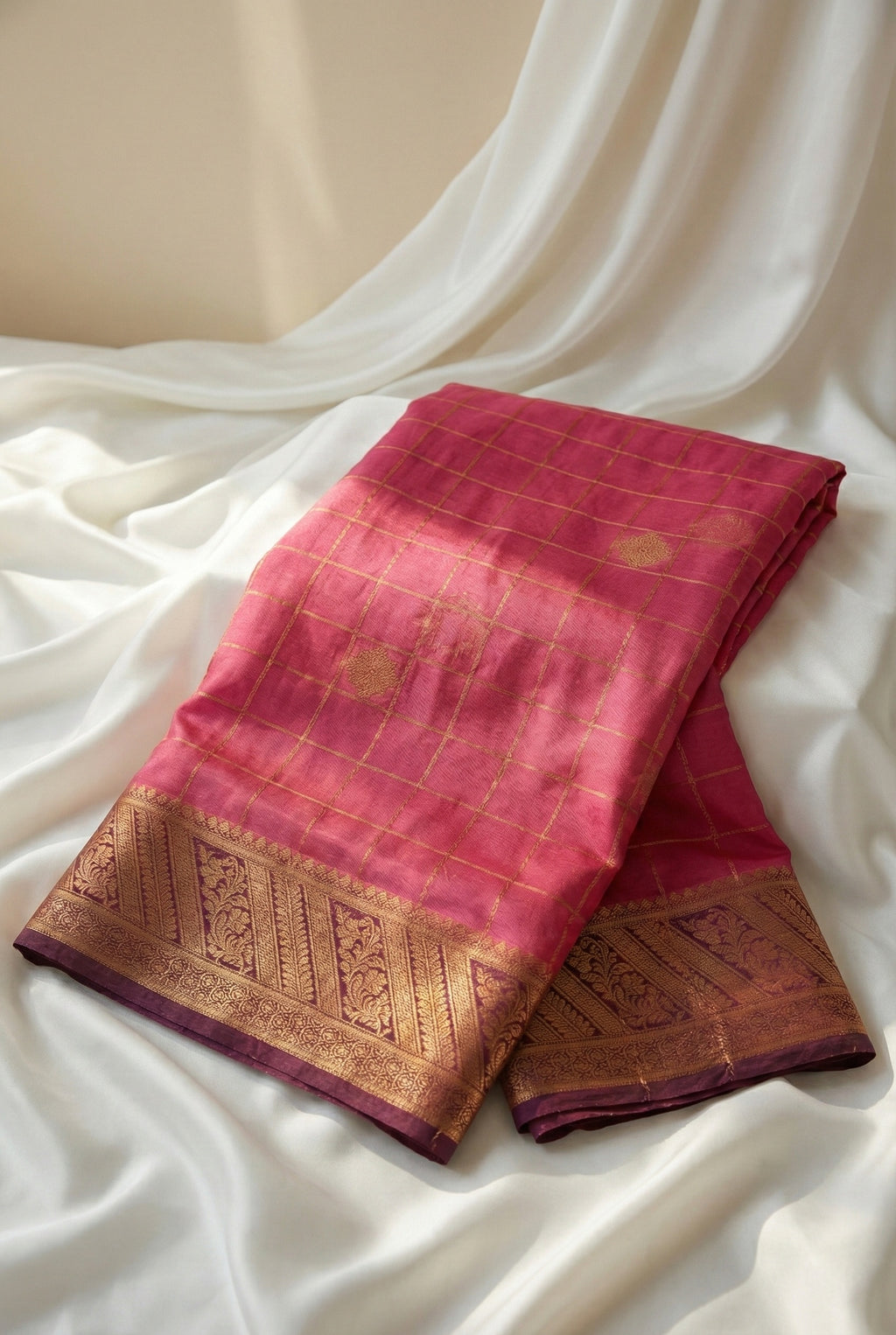 Pink Mysore Silk Saree Gold Buttas