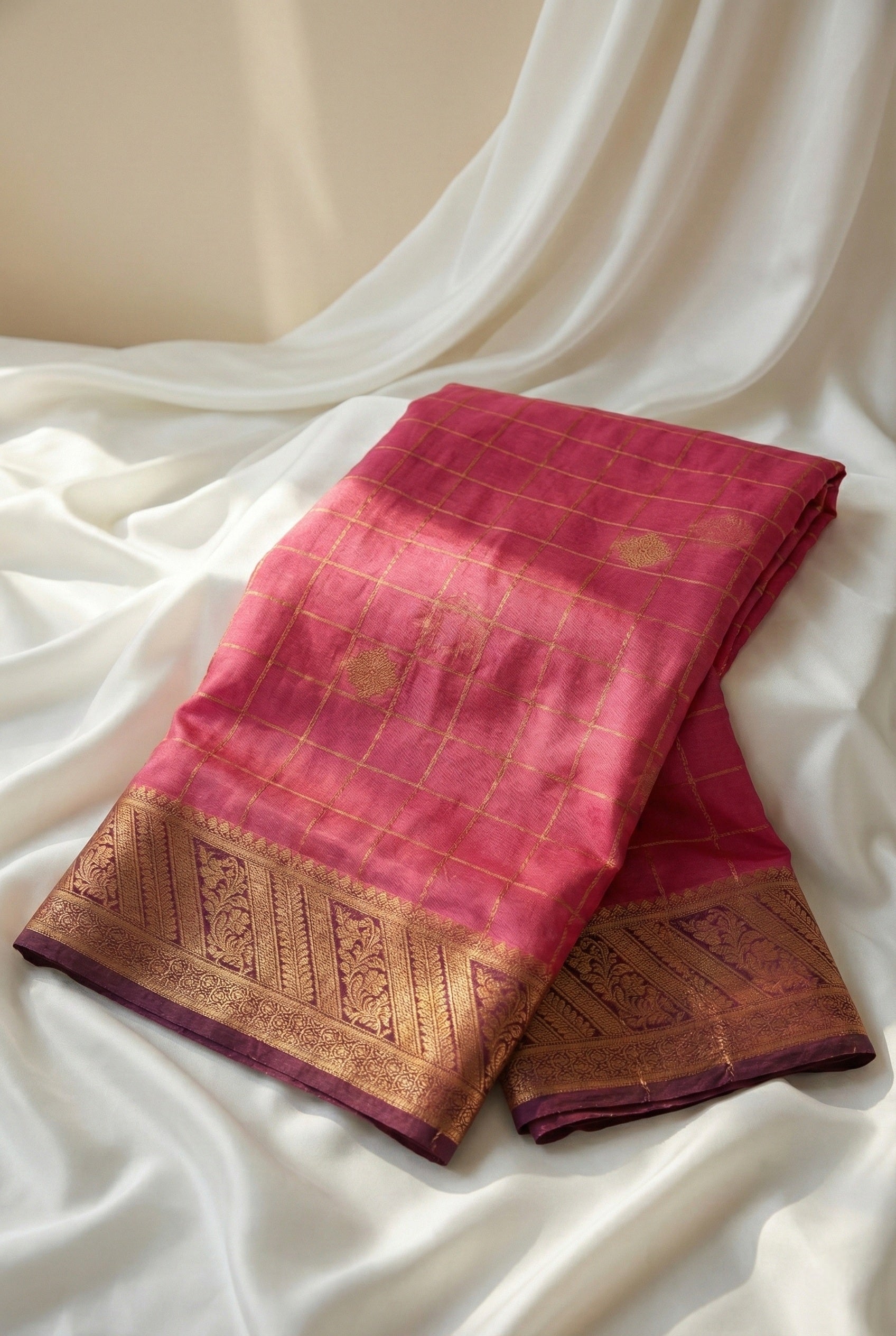 Pink Mysore Silk Saree Gold Buttas