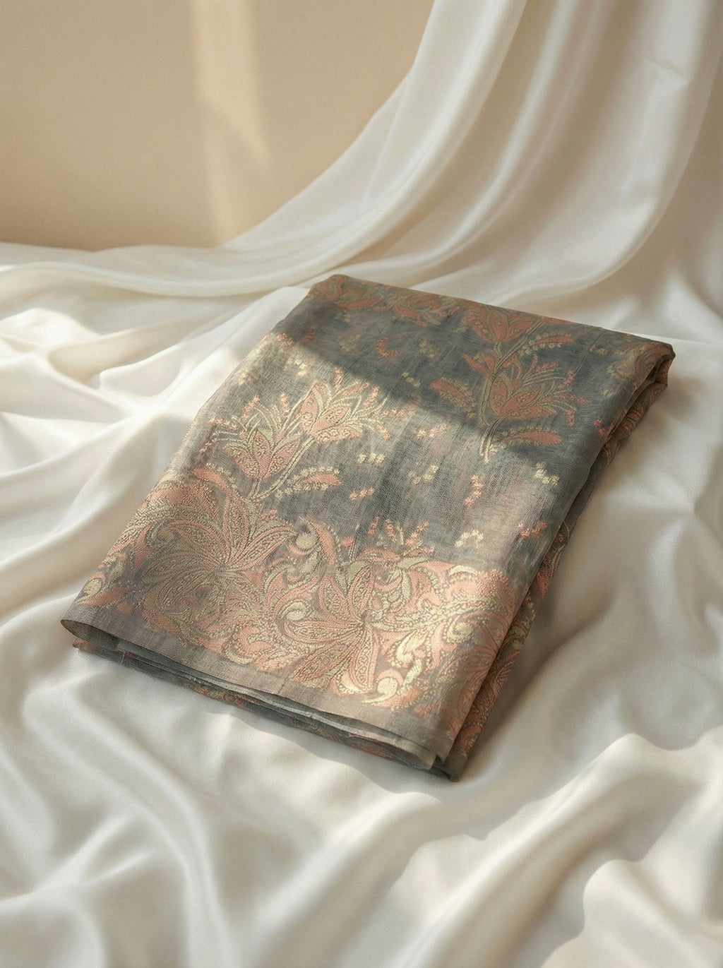 Silk Cotton Saree Grey Floral Work