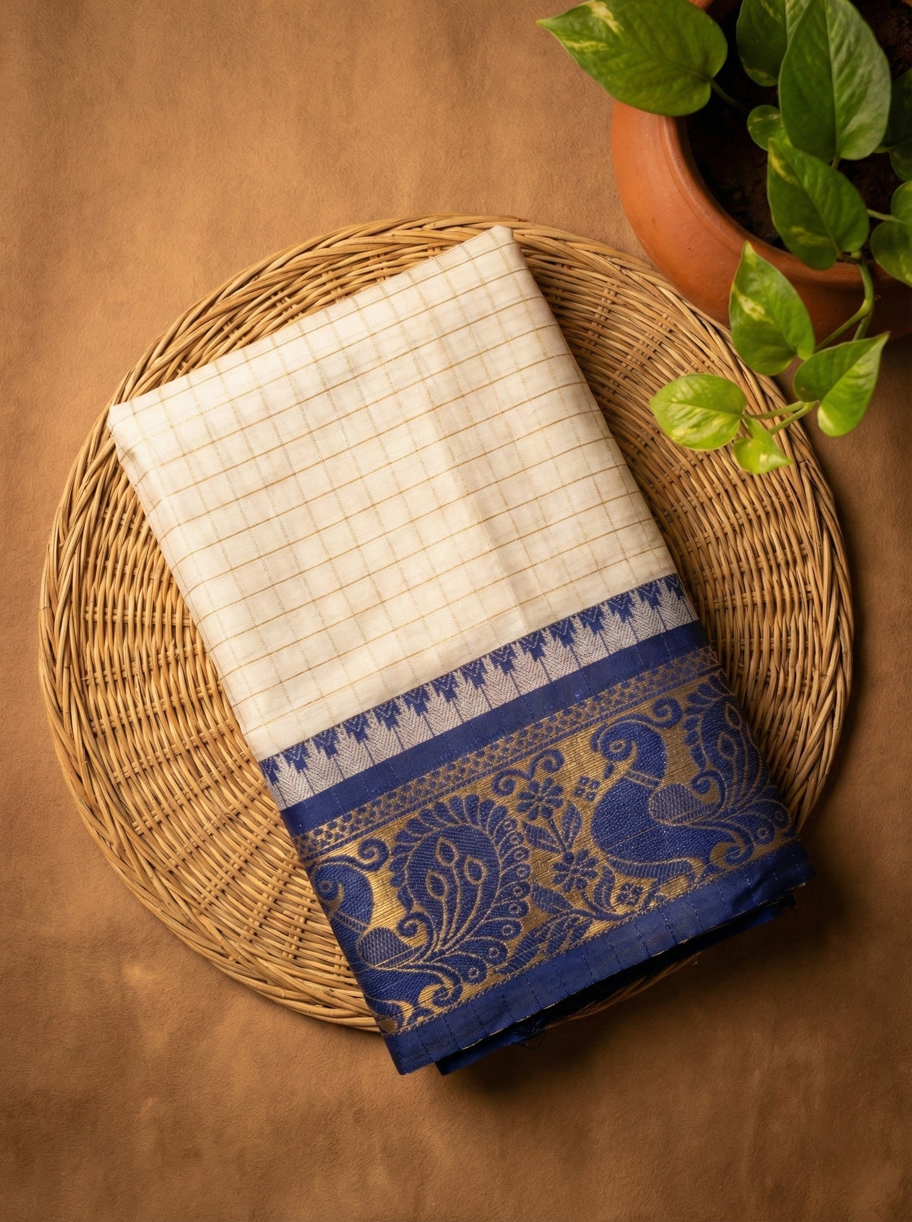 Cream Soft Silk Saree with Blue Zari Peacock Border