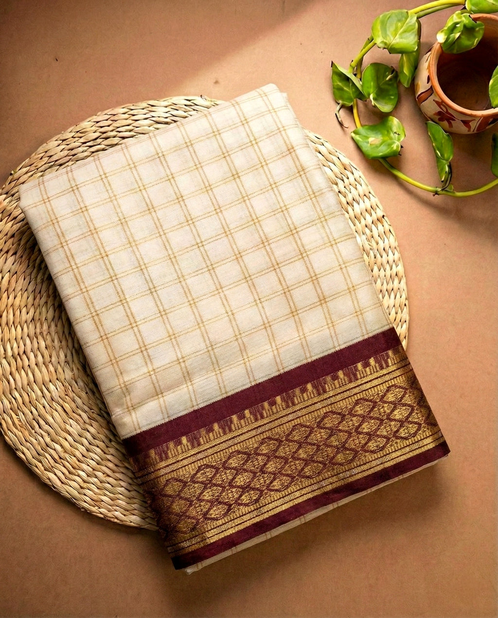 Cream Soft Silk Saree with Gold Checks & Maroon Zari Border