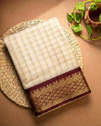 Cream Soft Silk Saree with Gold Checks & Maroon Zari Border