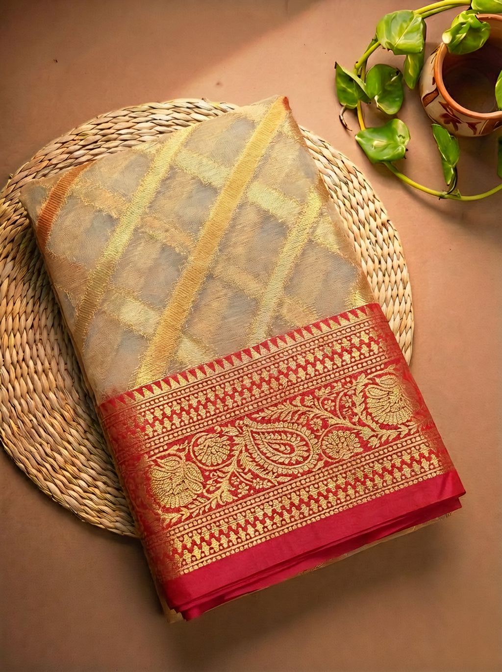 Organza Silk Saree Grey - Red Border