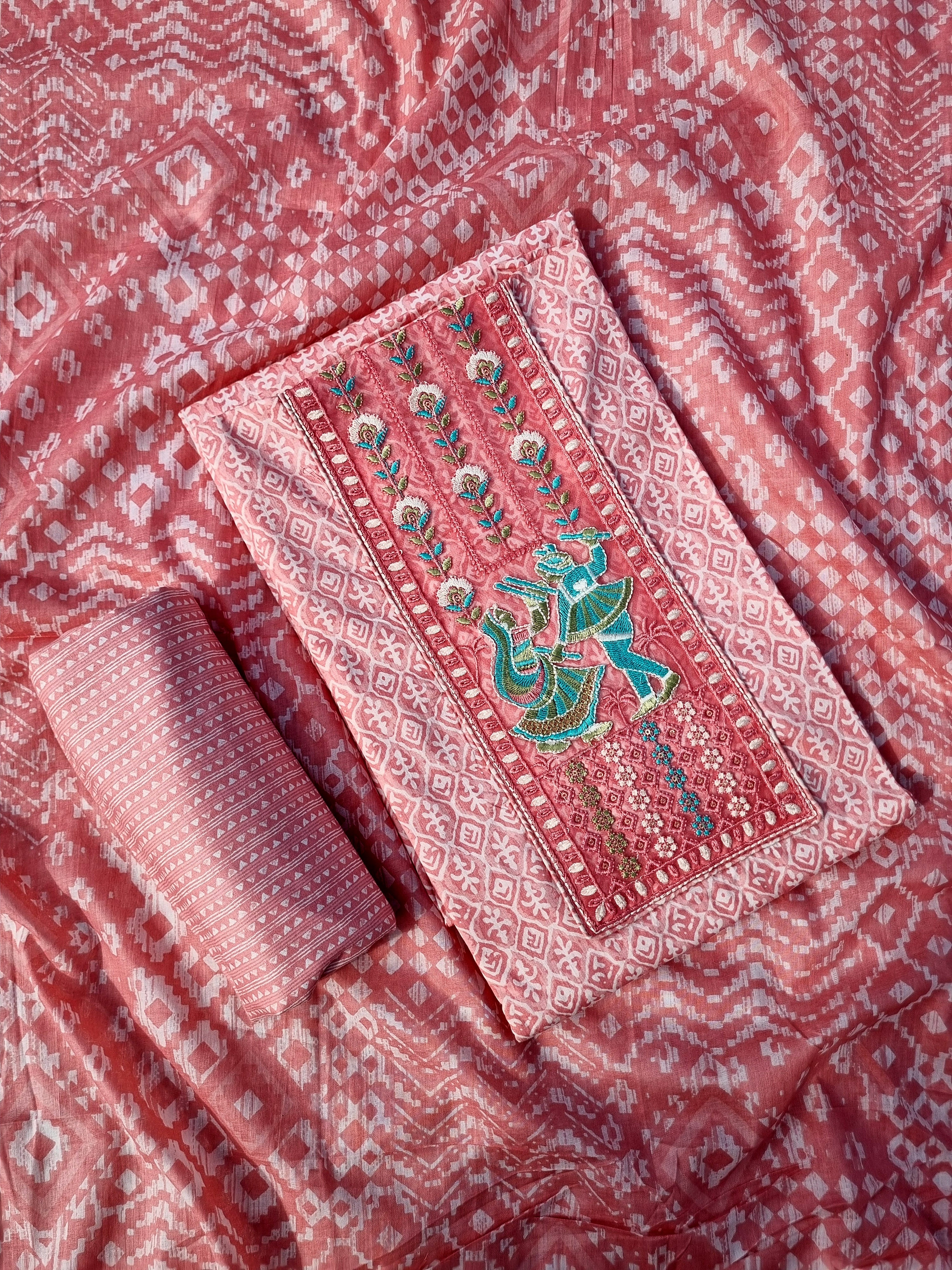 Pink Embroidered Cotton Dress Material