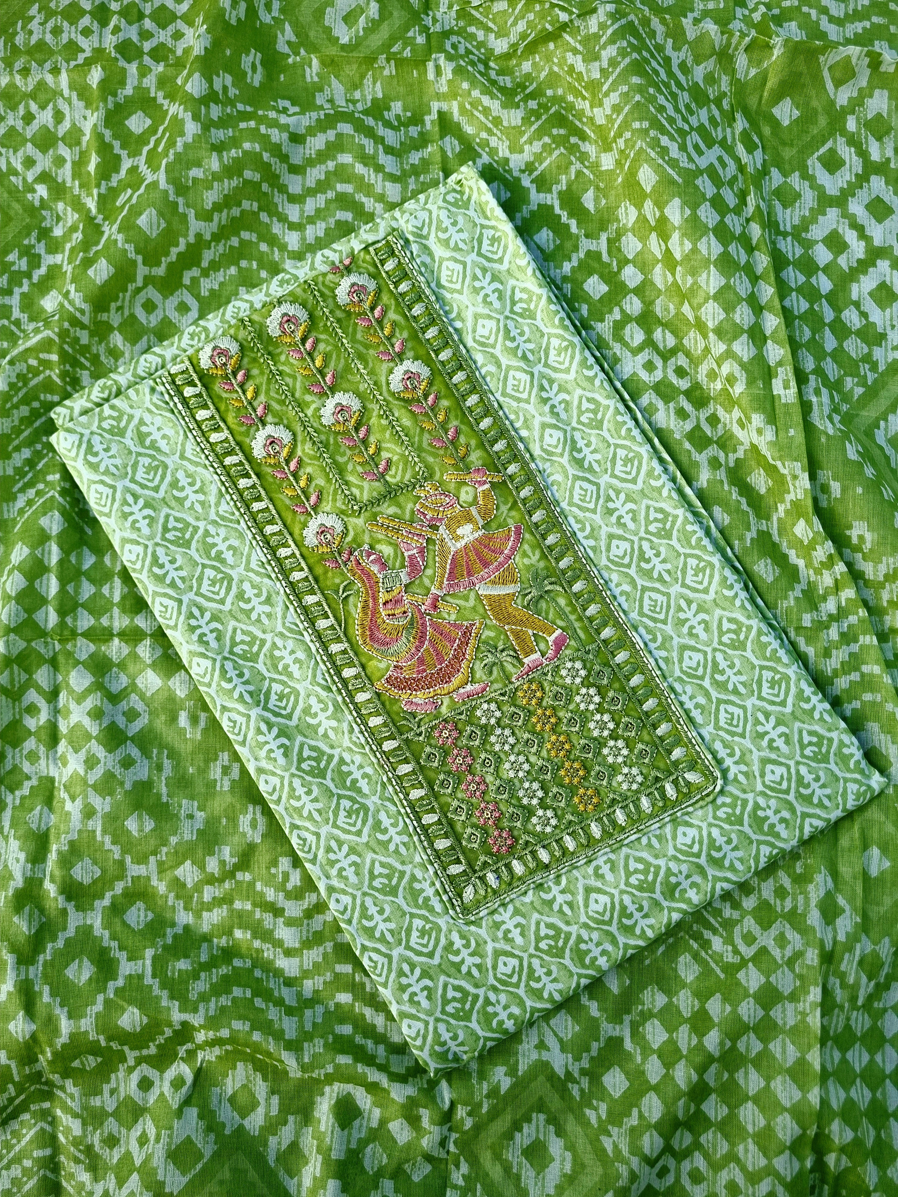 Light Green Embroidered Cotton Suit Material