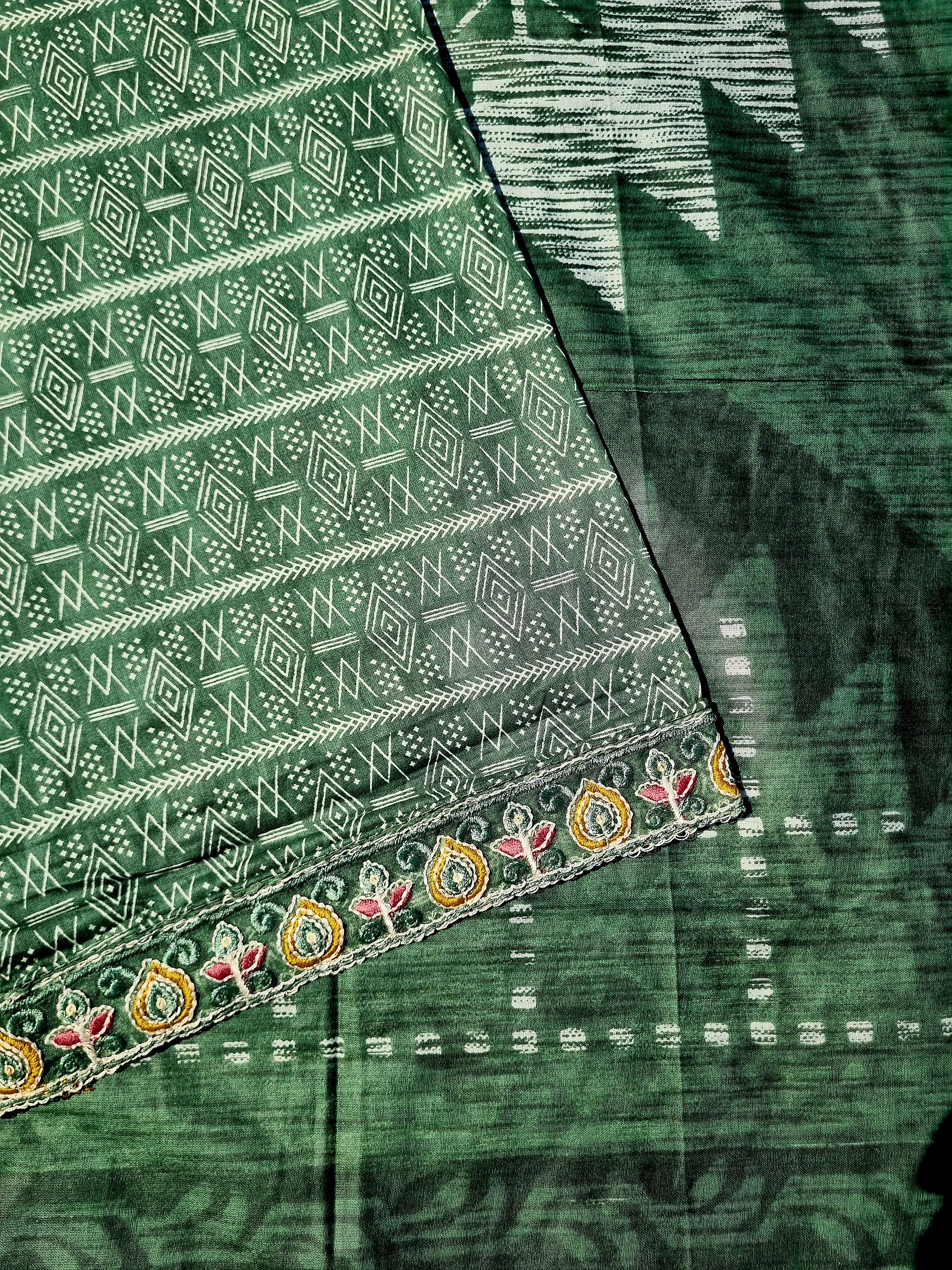 Green Ethnic Cotton Set  Material Embroidery