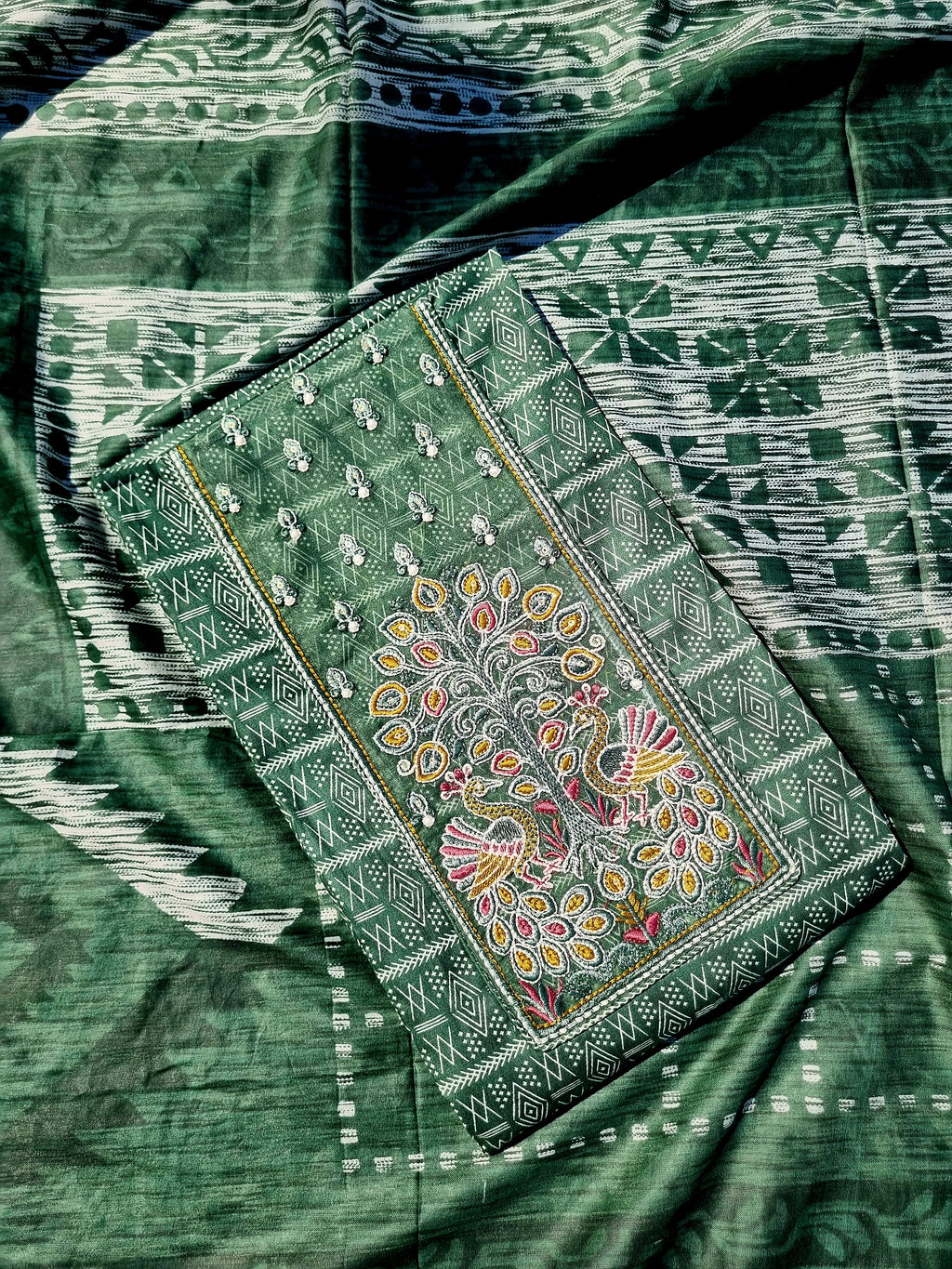 Green Ethnic Cotton Set  Material Embroidery