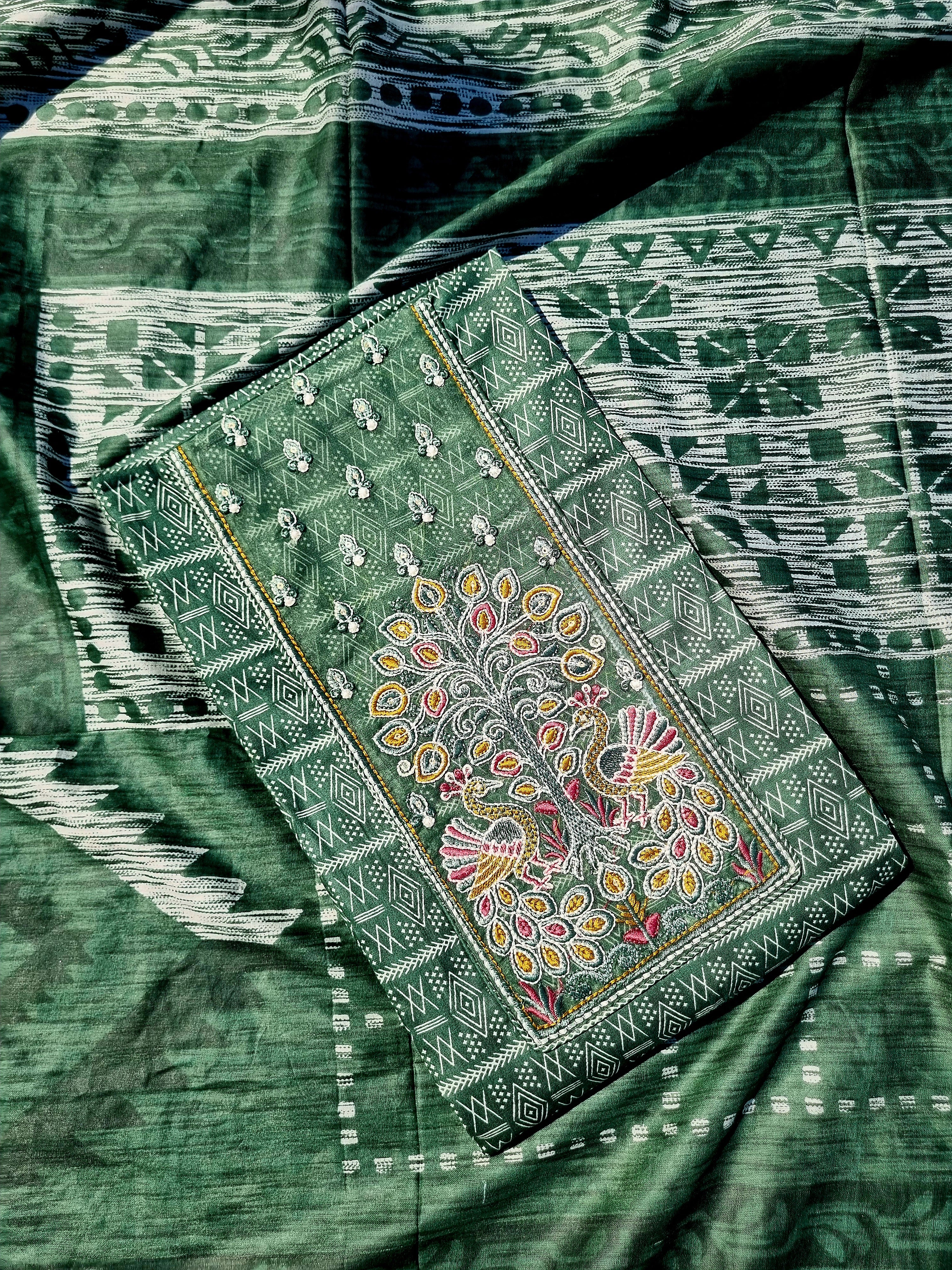 Green Ethnic Cotton Set  Material Embroidery