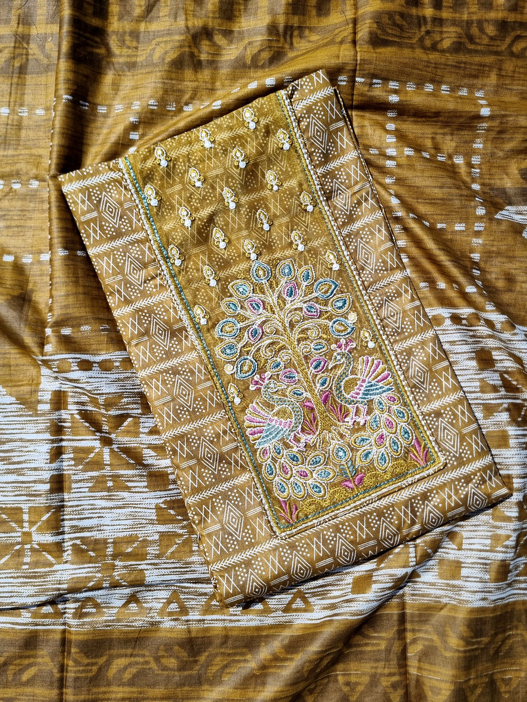 Mustard Ikat Cotton Suit Material Peacock Embroidery