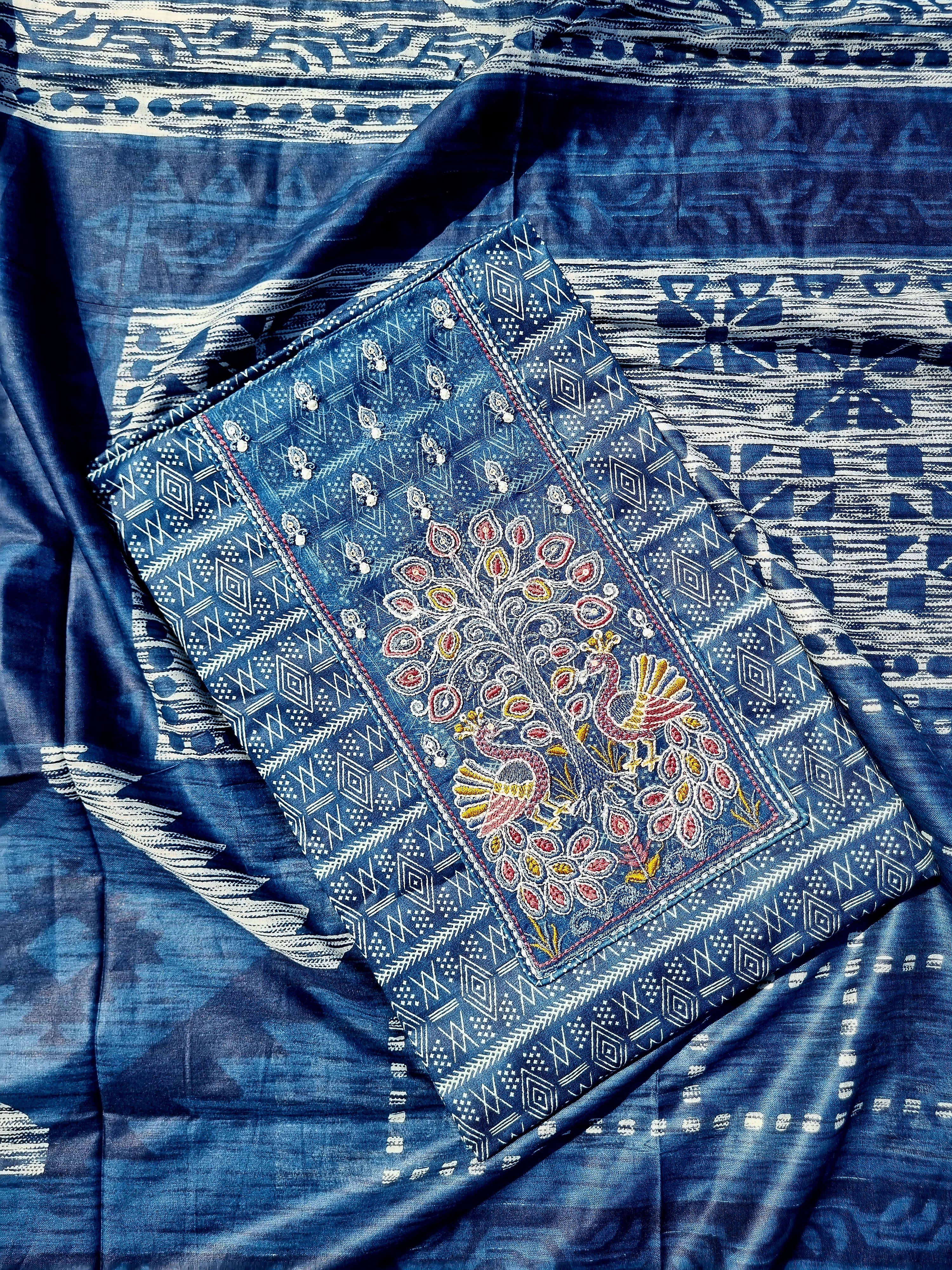 Artistic Blue Cotton Dress Material