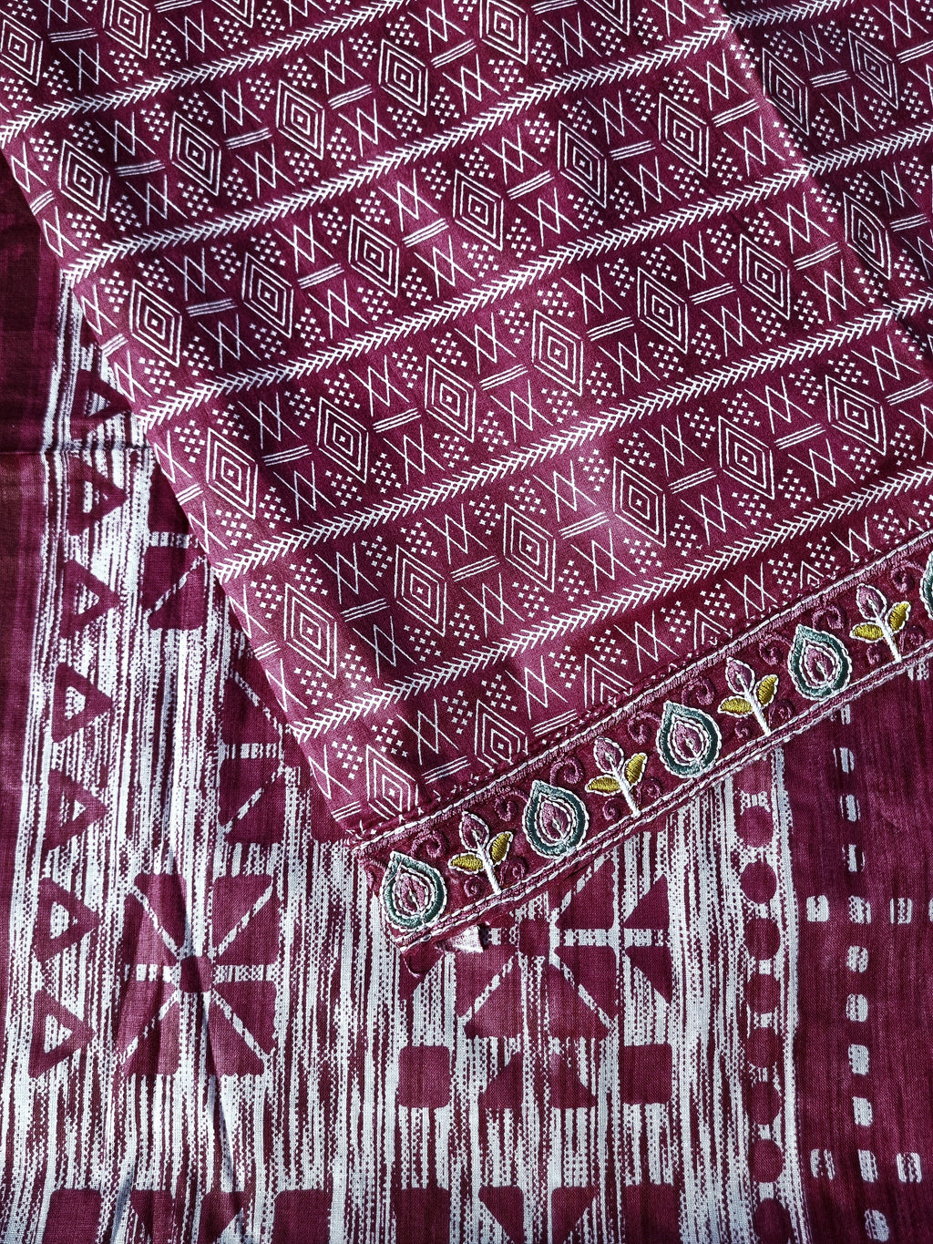 Peacock Embroidered Plum Cotton Suit Material