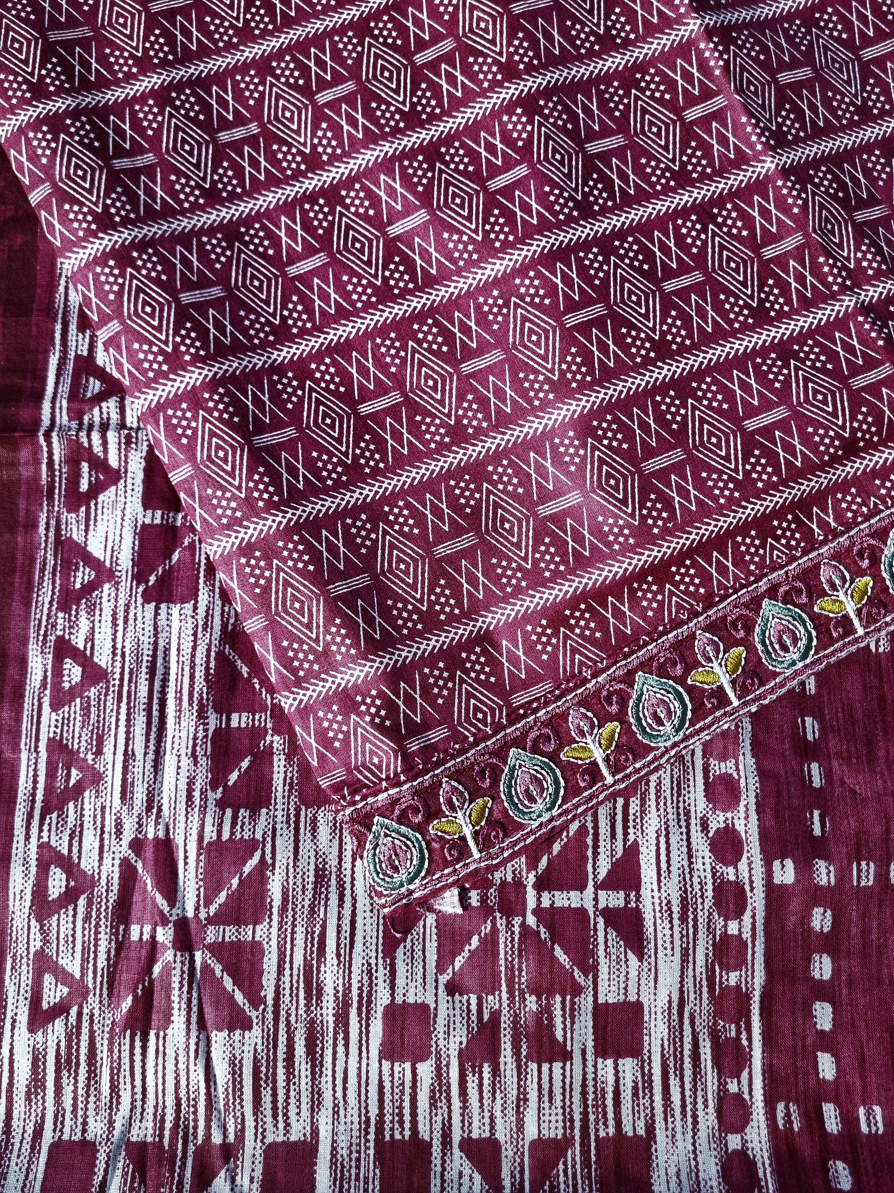 Peacock Embroidered Plum Cotton Suit Material