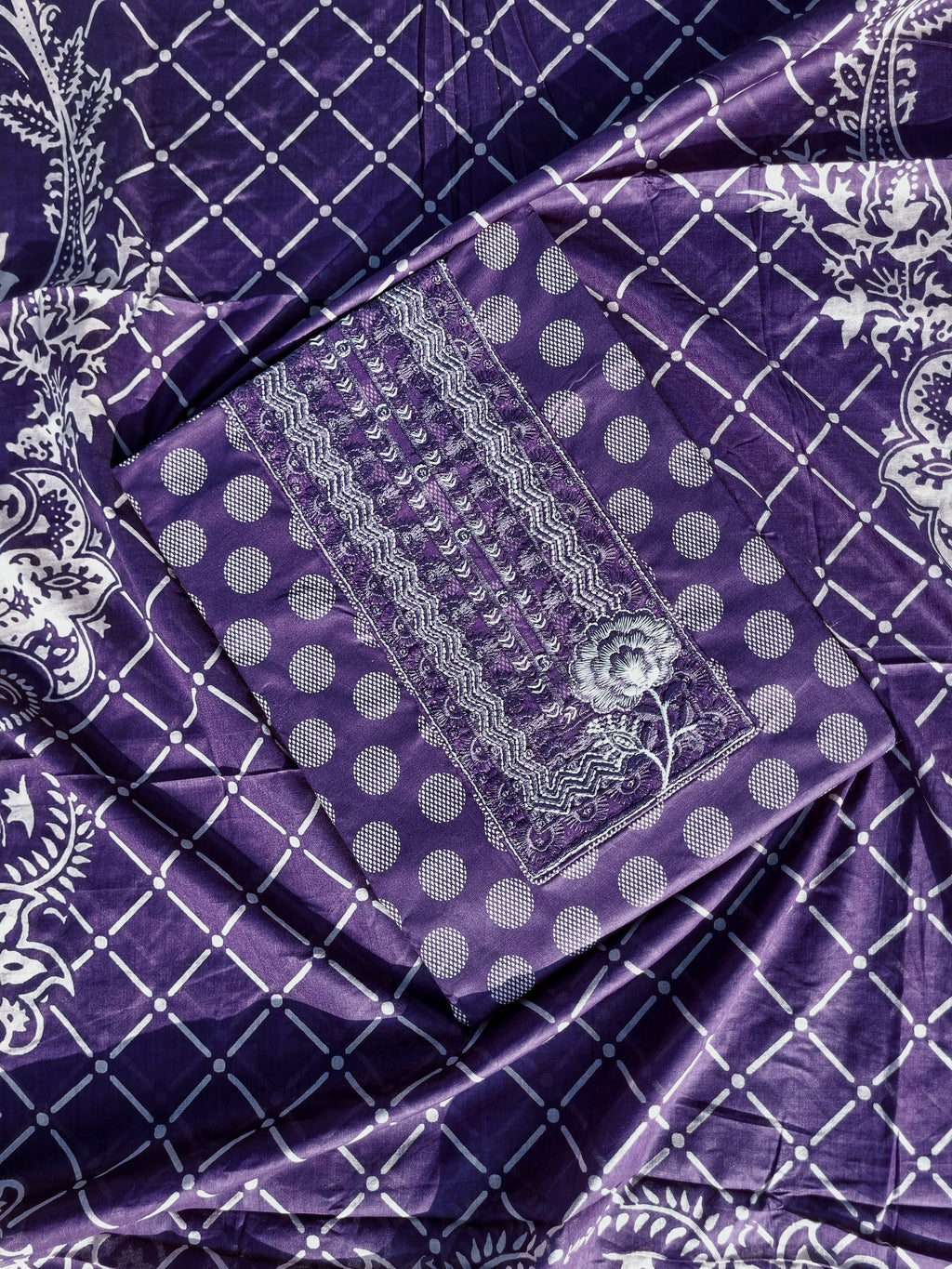 Purple Pure Cotton Unstitched Salwar Suit Material - Circle Pattern