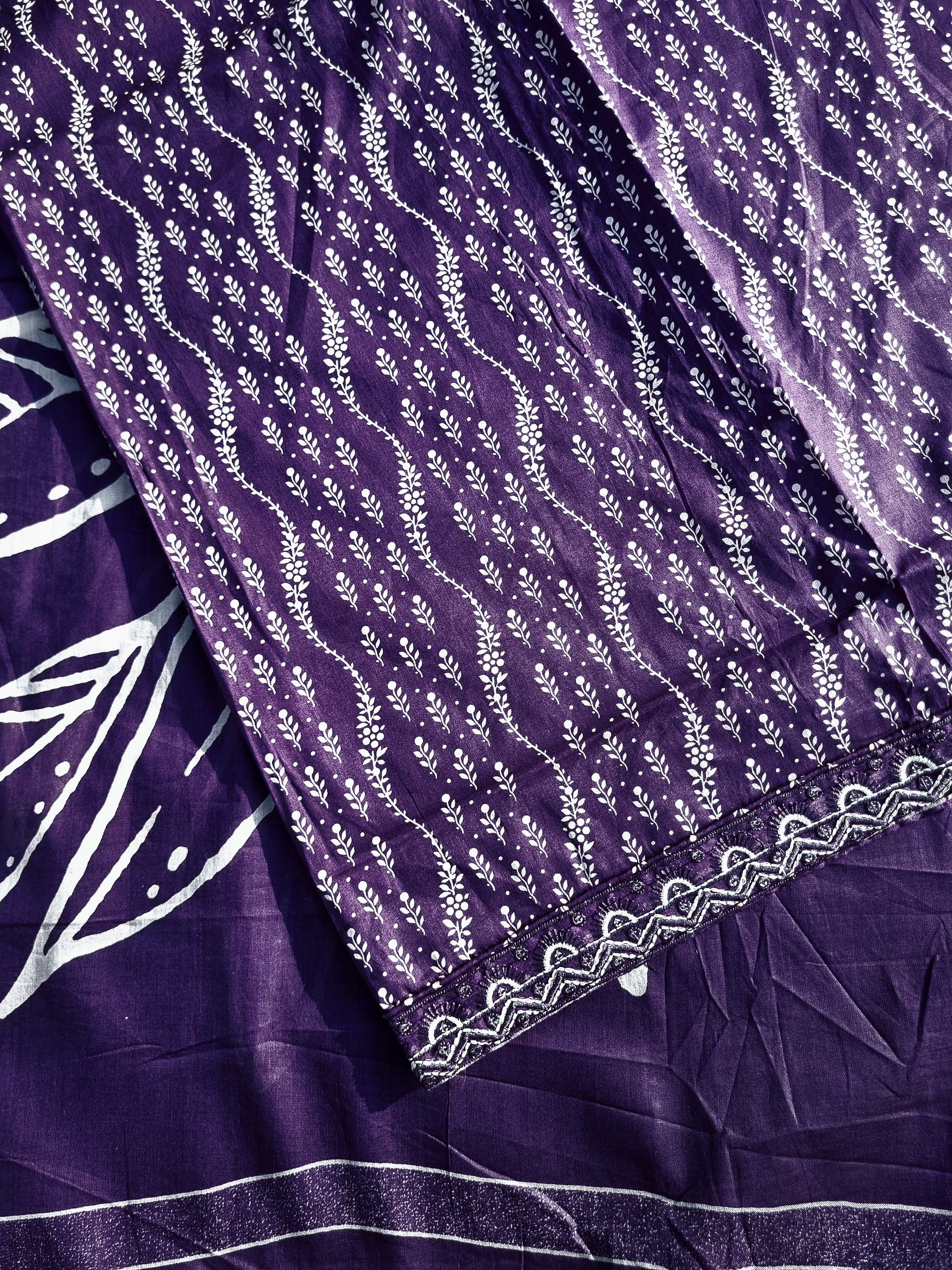 Pure Cotton Purple Printed Salwar Suit Material - Leaf Pattern