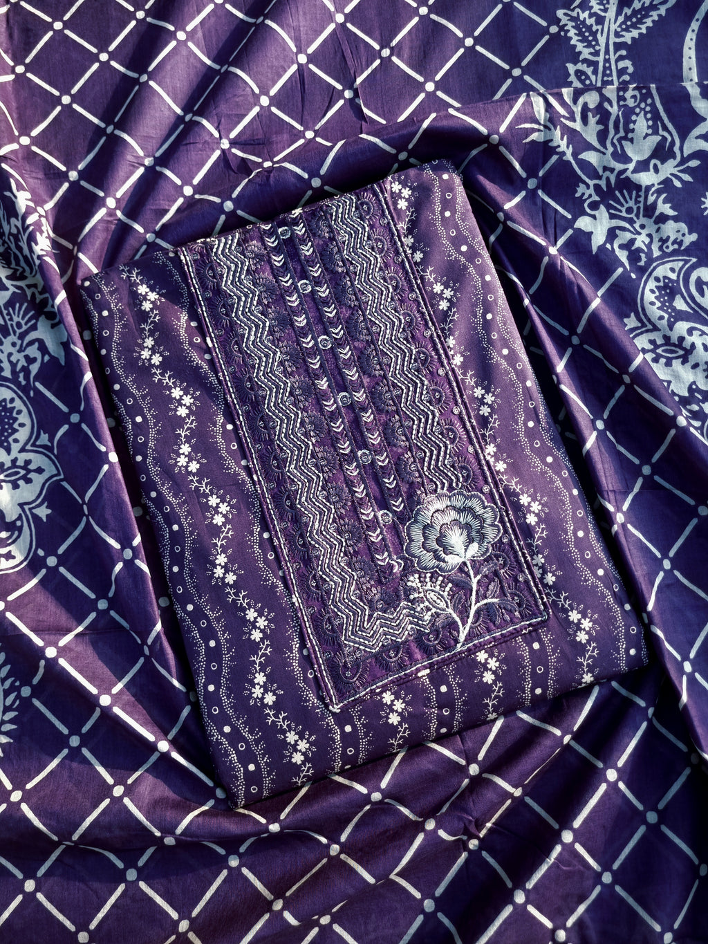 Purple Premium Cotton Unstitched Salwar Material - Flower Pattern