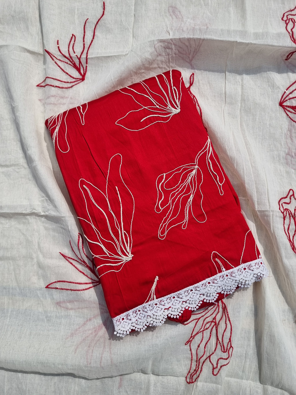 Red Cotton Unstitched Salwar Suit Material