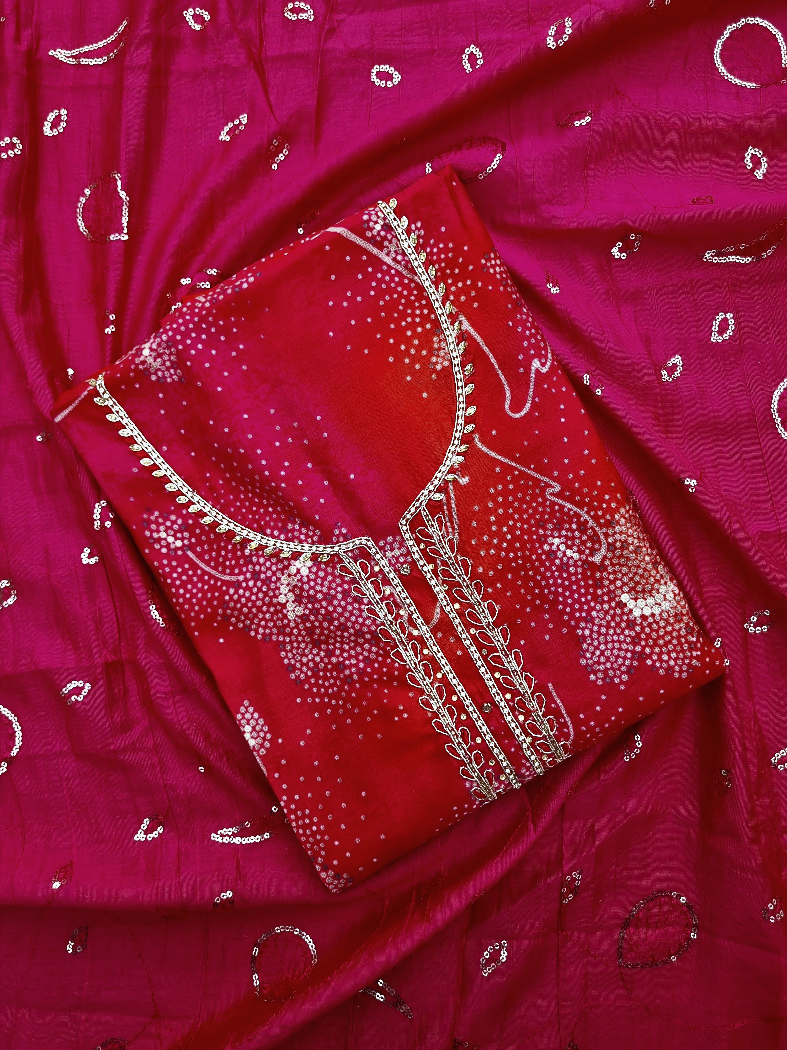Red & Rani Pink Modal Silk Unstitched Salwar Suit Material