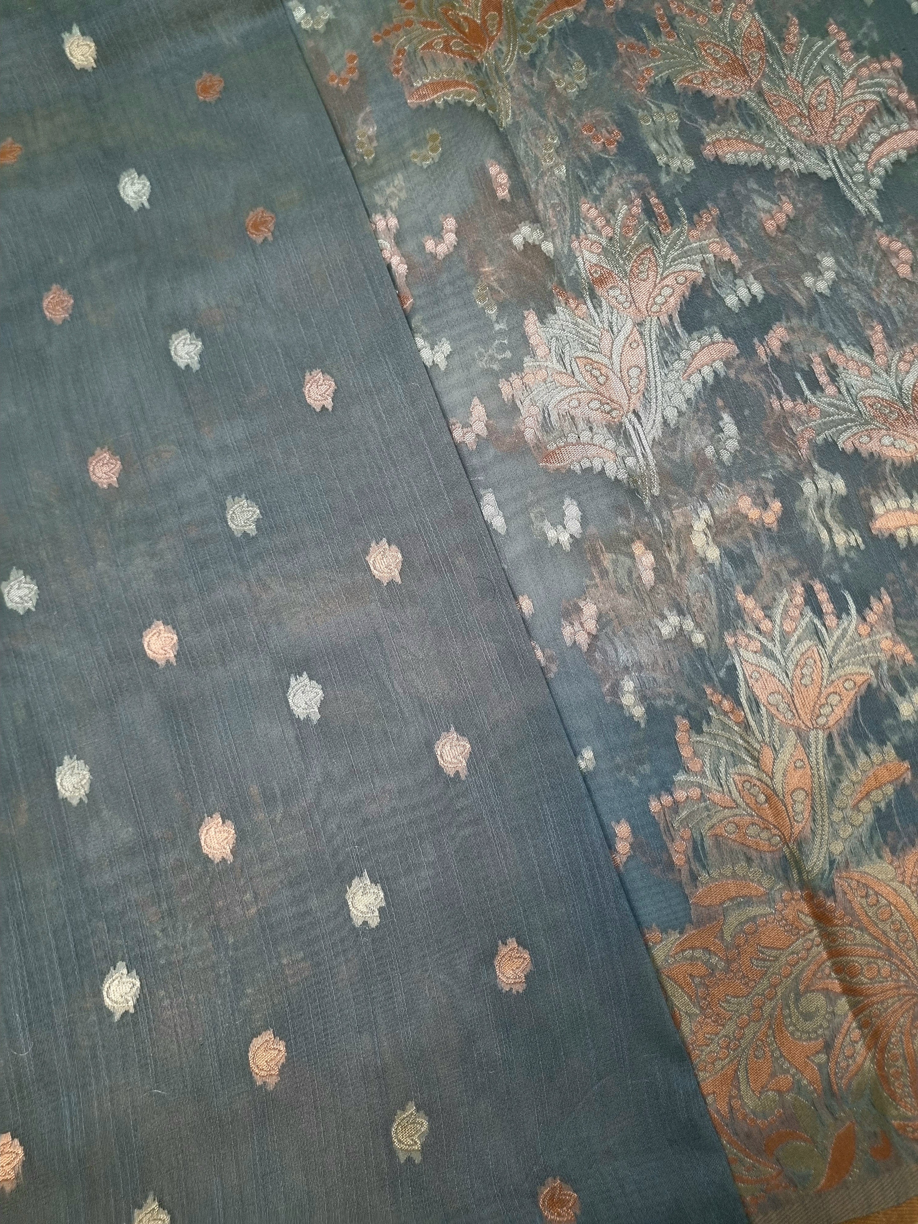 Silk Cotton Saree Grey Floral Work