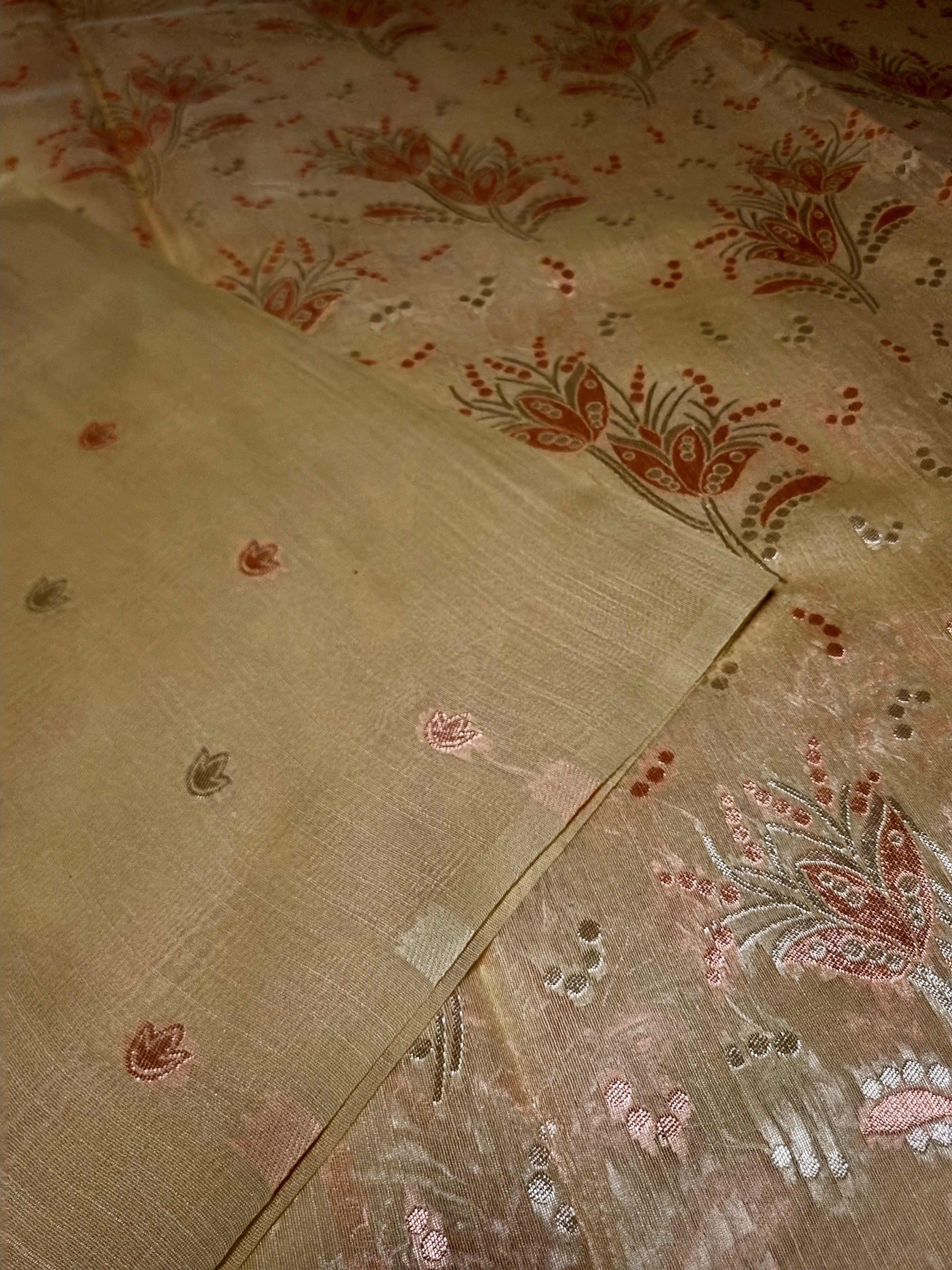 Beige Silk Cotton Saree Floral Motifs