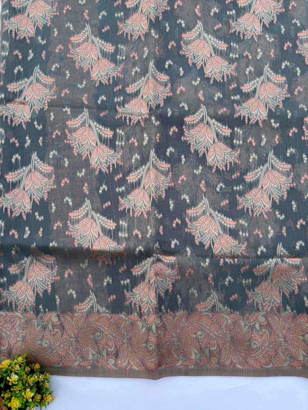 Silk Cotton Saree Grey Floral Work