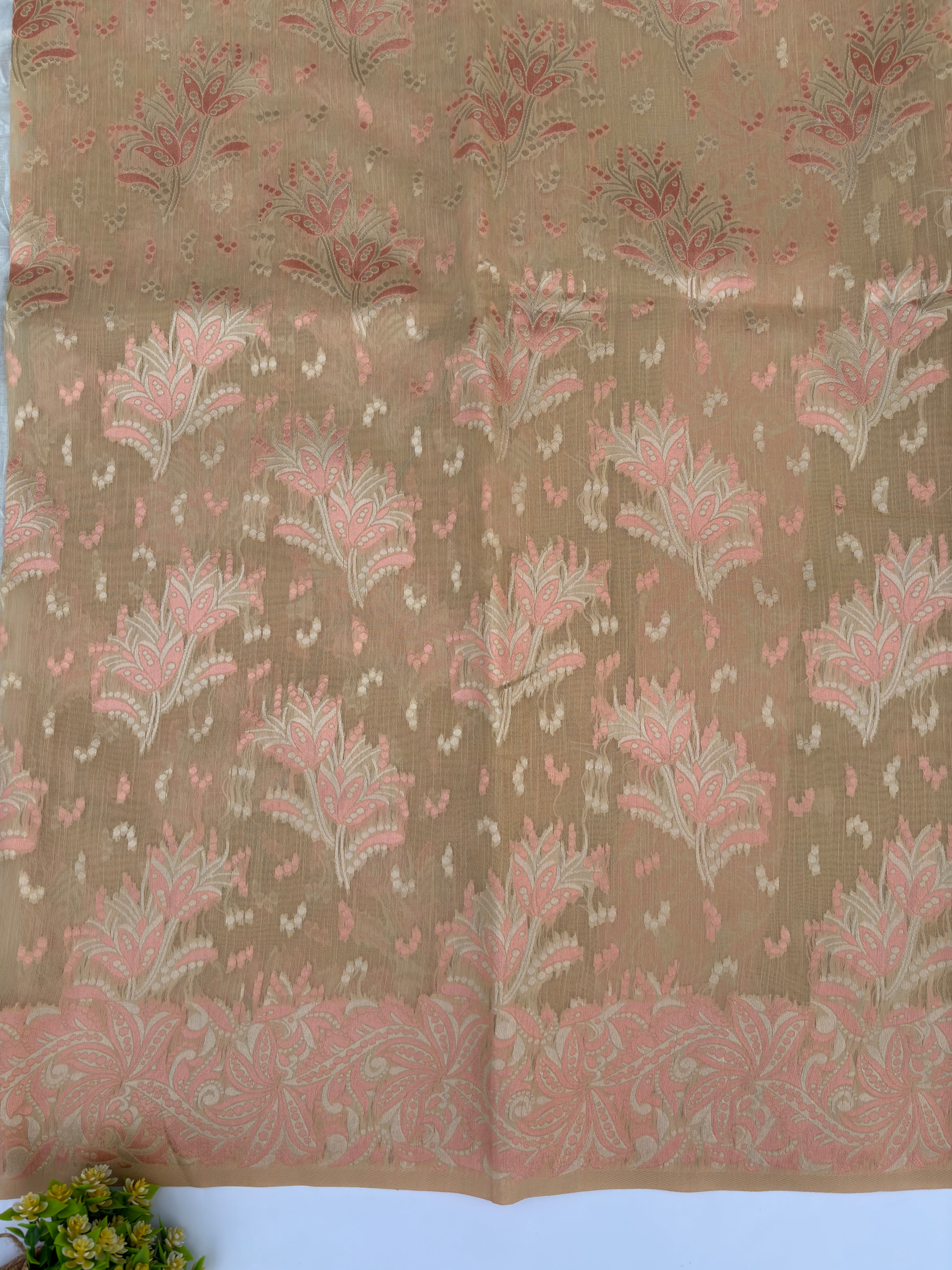 Beige Silk Cotton Saree Floral Motifs