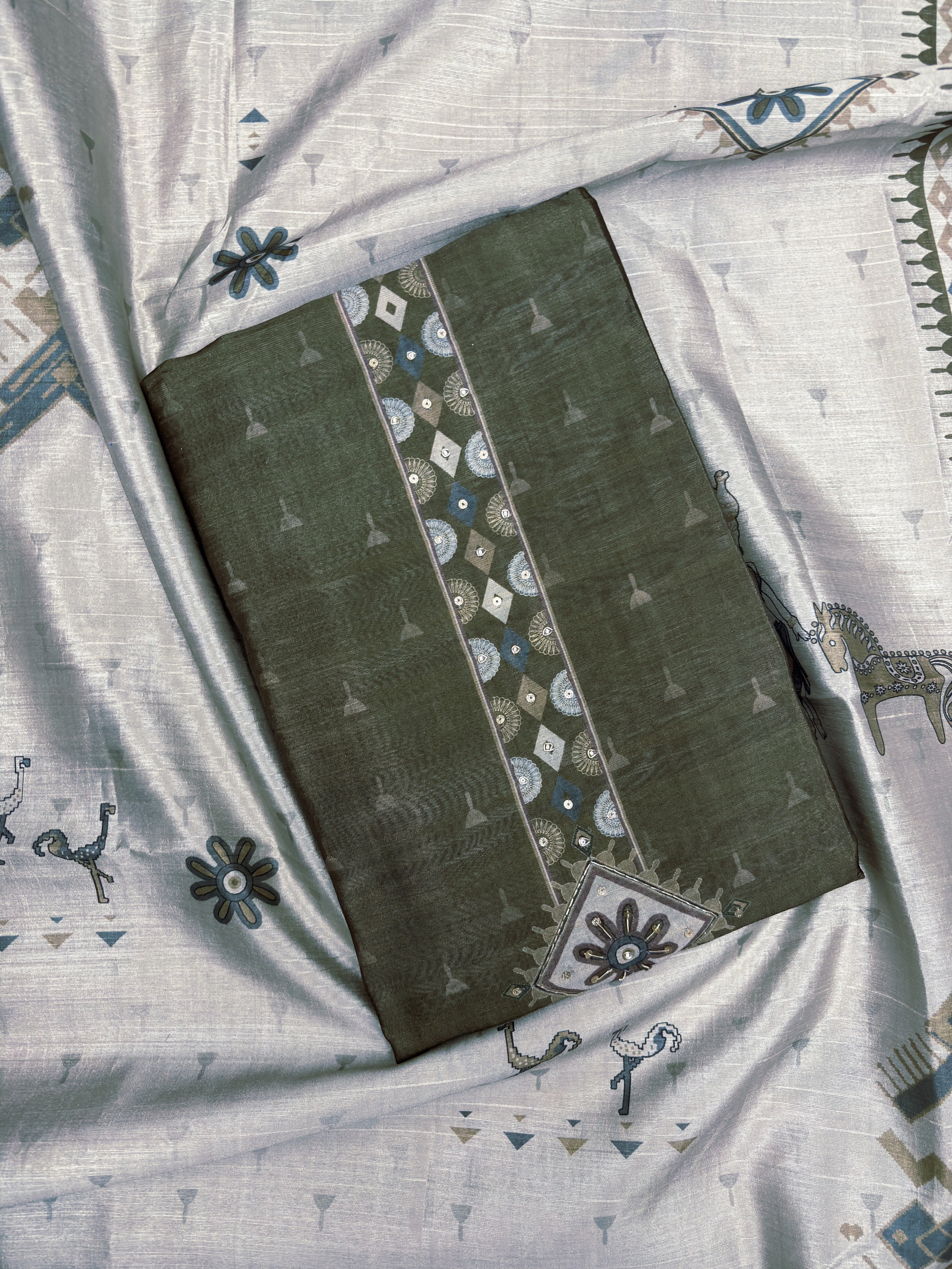 Green Chanderi Silk Unstitched Salwar Suit Material