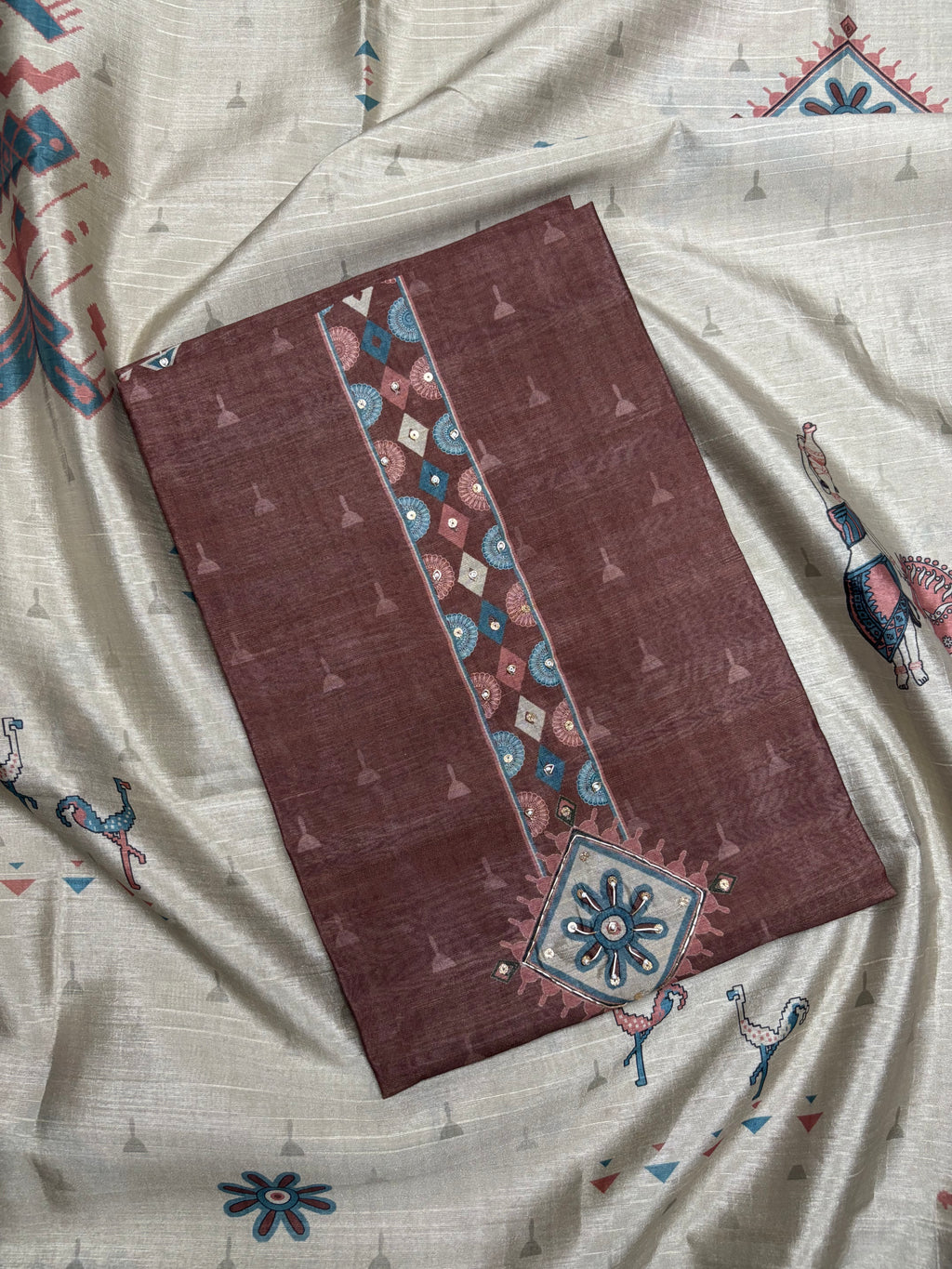 Brown Chanderi Silk Unstitched Salwar Suit Material