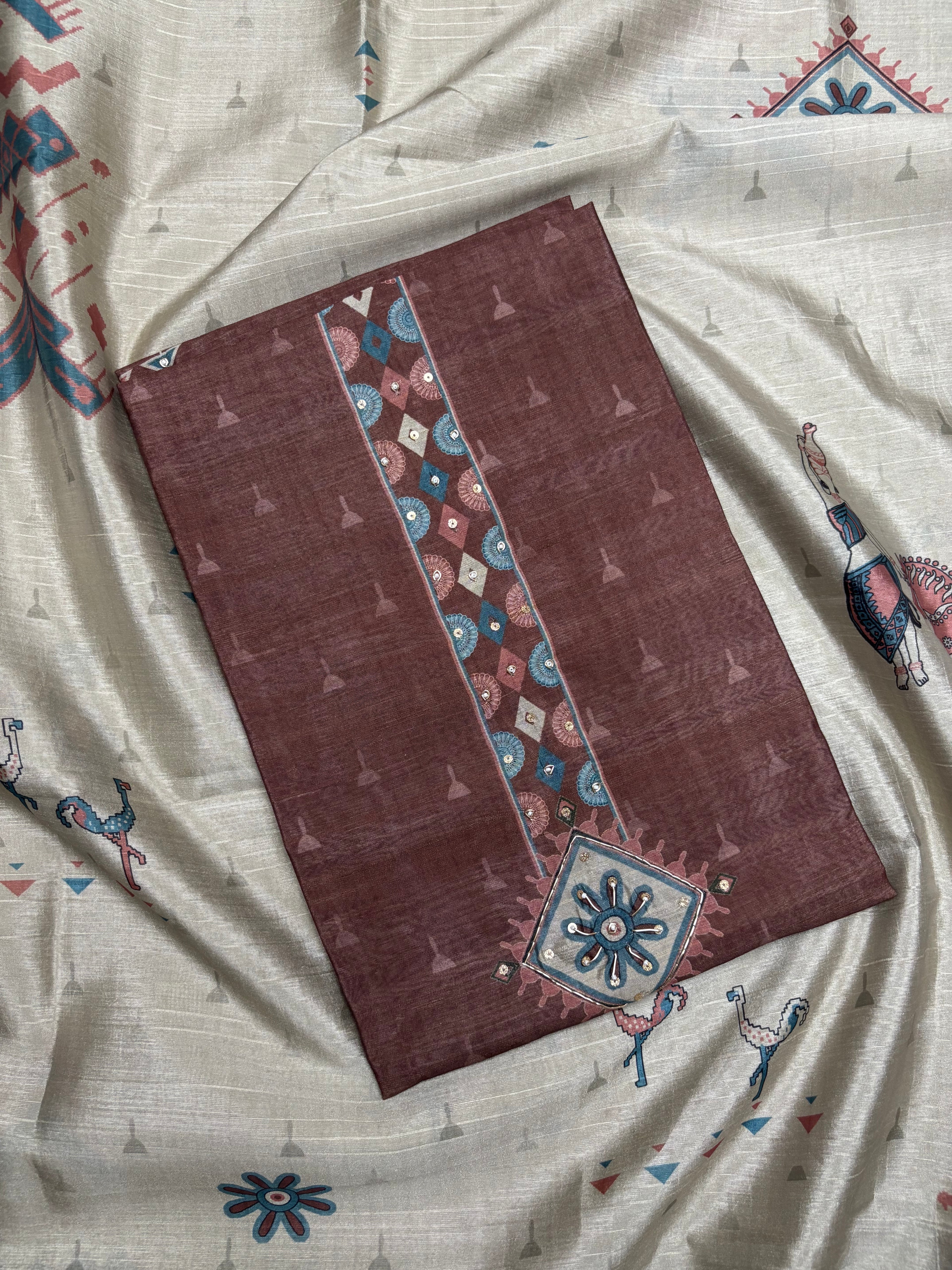 Brown Chanderi Silk Unstitched Salwar Suit Material