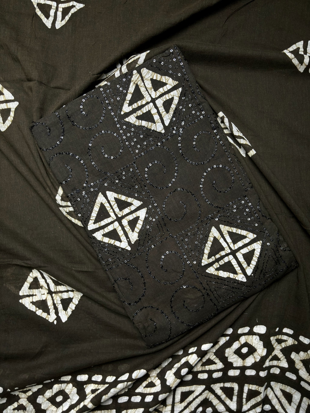 Batik Print Mul Cotton Unstitched Salwar Suit Material - Black