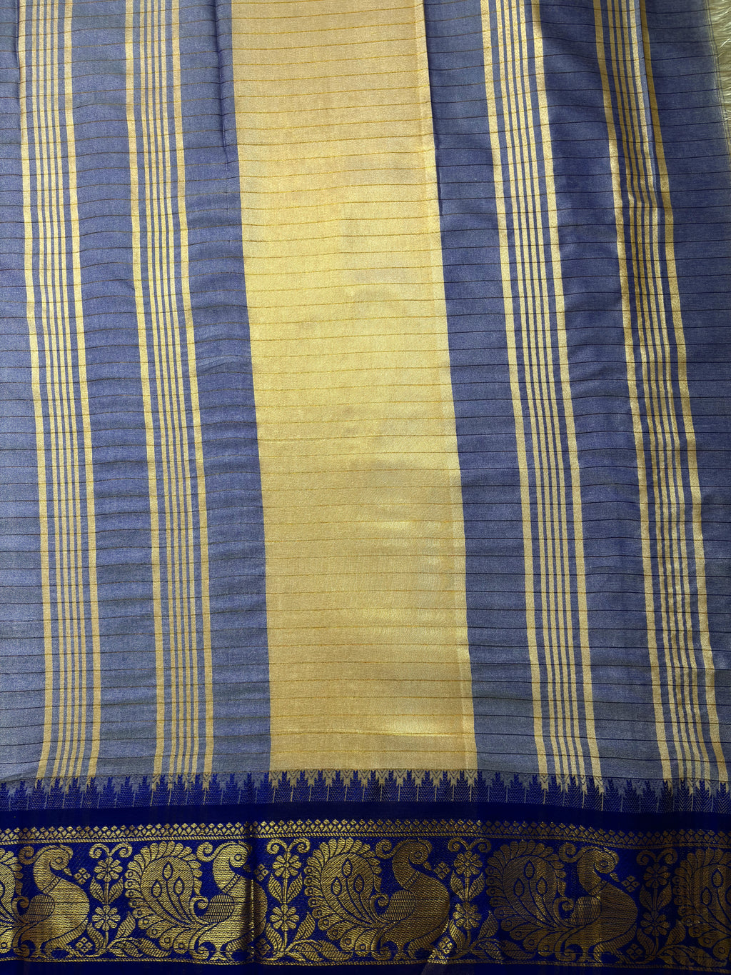 Cream Soft Silk Saree with Blue Zari Peacock Border