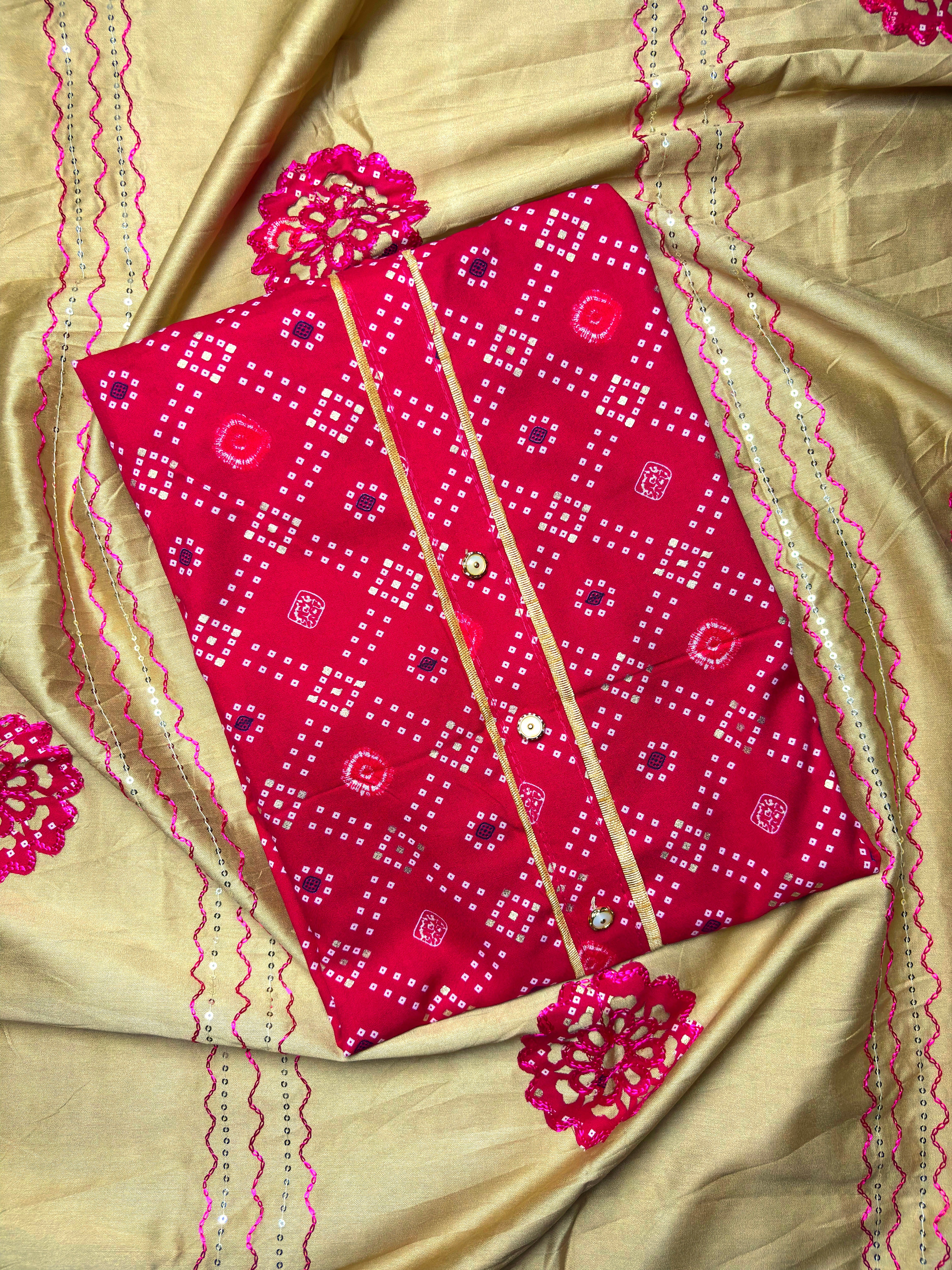 Rayon Printed Salwar Suit Material – Maroon & Beige