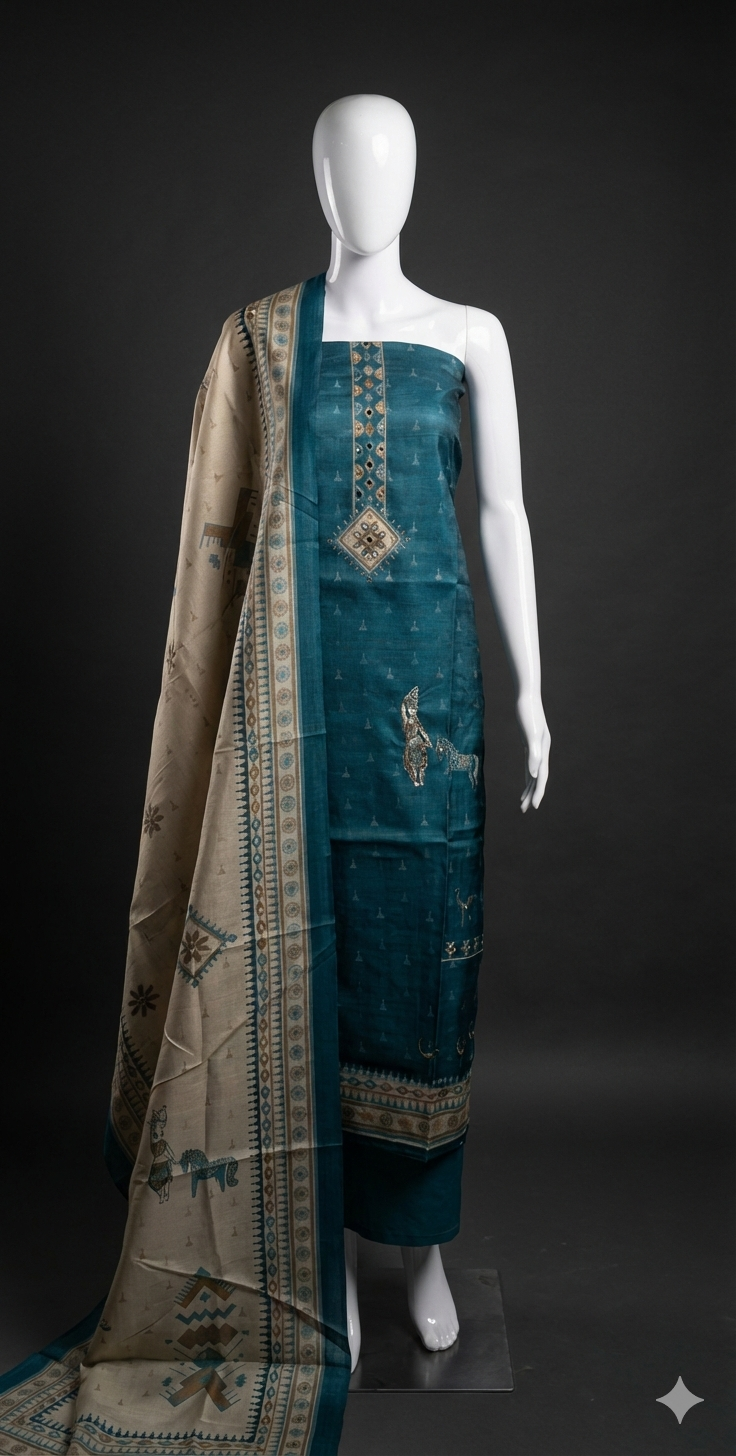 Blue Chanderi Silk Unstitched Salwar Suit Material